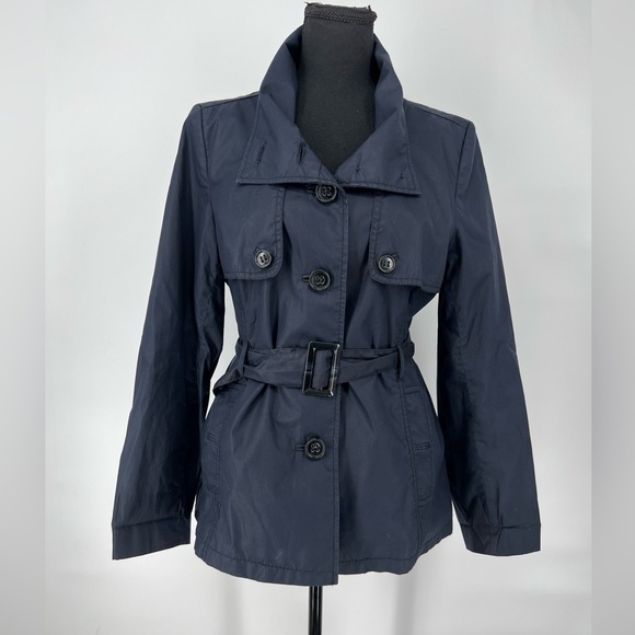 H & M TRENCH COAT/JACKET IN WATER REPELLENT NAVY LINED IN BLUE WHITE‎ PINSTRIPES - Picture 1 of 8